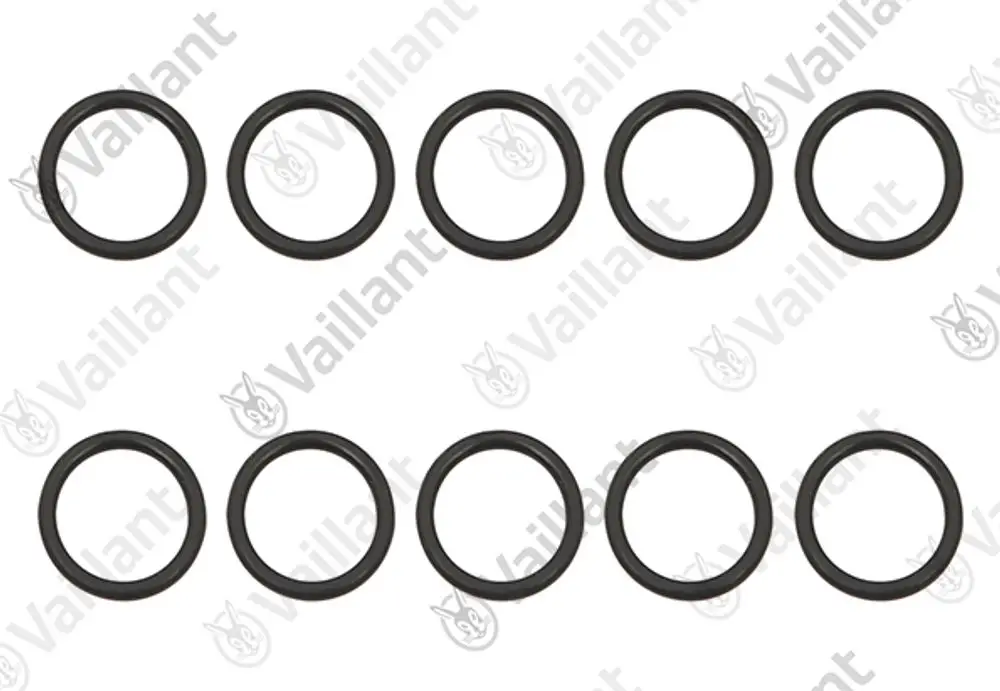 Zehn schwarze O-Ringe auf weißem Hintergrund, markiert mit dem Logo von Vaillant. Sie sind gleichmäßig angeordnet und haben einen runden Querschnitt.